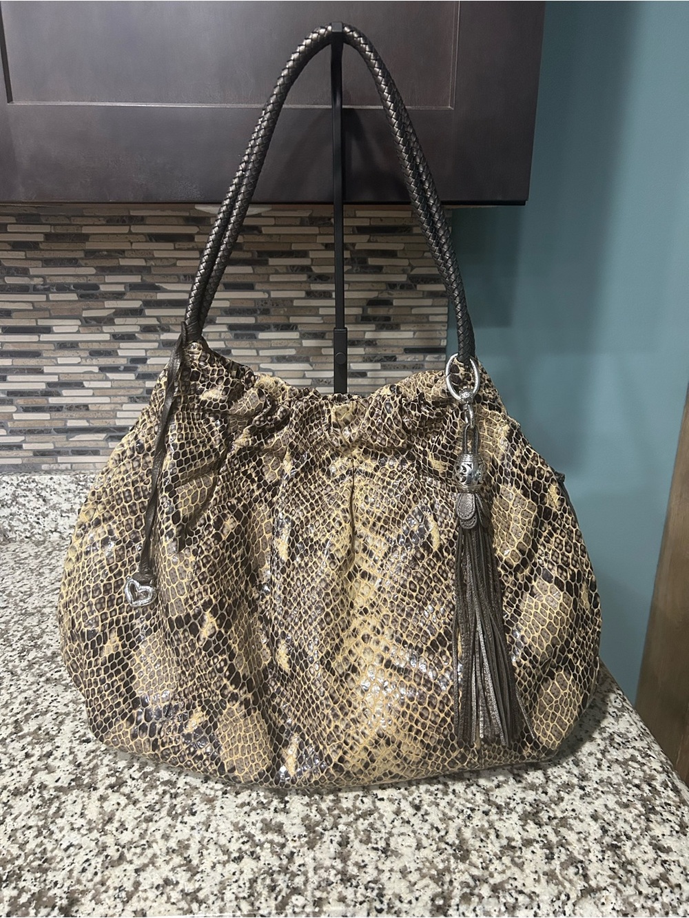 Brighton Brown and Tan Snake-Print Shoulder Bag with Tassel